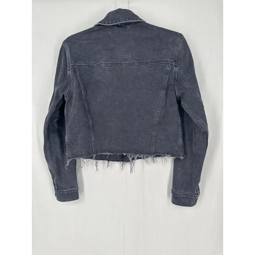 Hollister Denim Jacket Womens Small Black Cropped Button Raw Hem Boho Grunge